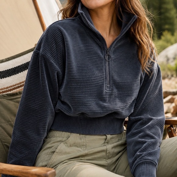 Prana Tops - Prana Womens Gray Corduroy Quarter Zip Pullover Cropped Sweatshirt Size M CR4